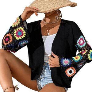 Women's floral crochet long sleeve cardigan 100% polyester